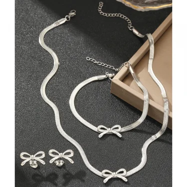 Stainless Steel Jewelry Set Blade Chain Bow Design Bracelet Necklace Earrings 3 Piece Jewelry Set For Women Jewelry Party Gifts 6