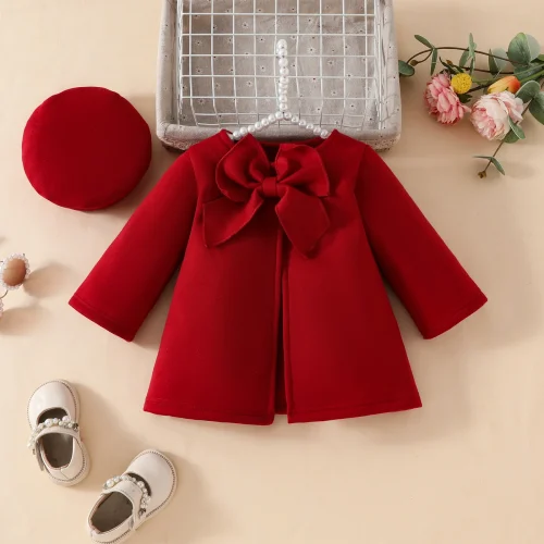 Autumn and winter baby girl bows decorated solid color fashion coat 1