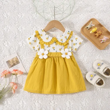 (0-3 Years Old) Summer Baby Girl Cotton Flower Fake Two-Piece Shoulder Strap Dress Girl Cute Short Sleeved Dress 4