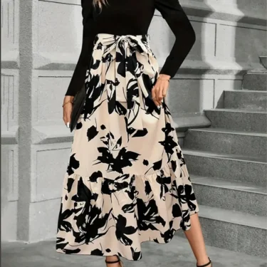 Stylish Color Block Dresses Women Round Neck Long Sleeve Top Floral Printed Dress Autumn Lady Party A Line Dress 1