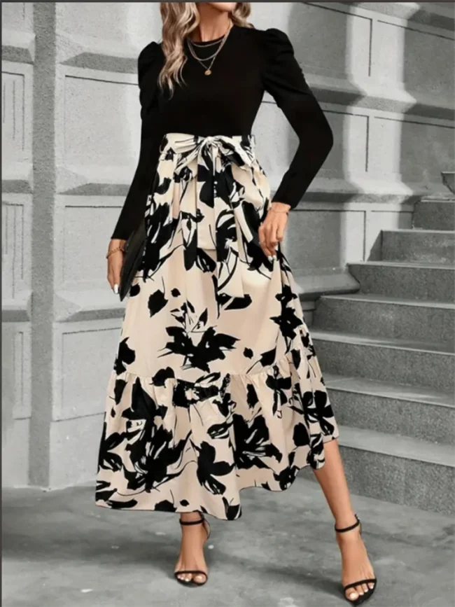 Stylish Color Block Dresses Women Round Neck Long Sleeve Top Floral Printed Dress Autumn Lady Party A Line Dress 1