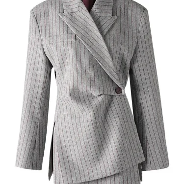 EAM Women Gray Striped Irregular Pleated Elegant Blazer New Lapel Long Sleeve Jacket Fashion Tide Spring Autumn 2024 CPDB342 1