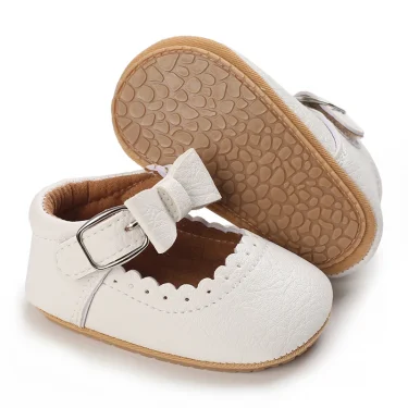 Baby Girl White Baptism Shoes Infant Toddler Bowknot Non-slip Rubber Soft-Sole Flat PU First Walker Newborn Bow Decor Mary Janes 2