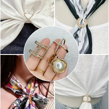 Fashion Camellia Pearl Rhinestone girdle Brooches for Women Square Scarf Buckle Geometry Cross Brooch Pin Metal Ring Accessories 3