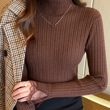 Lace Solid Basic Knitted Women Tops Turtlneck Sweater Long Sleeve Slim Casual Pullover Korean Fashion Simple Chic Clothes 5
