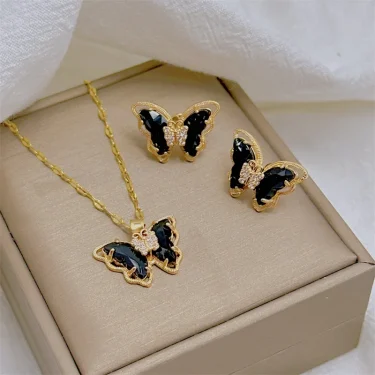 Fashion European and American Cute Micro-inlaid Butterfly Necklace Earrings Set Classic Light Luxury Transparent Stainless Steel 2