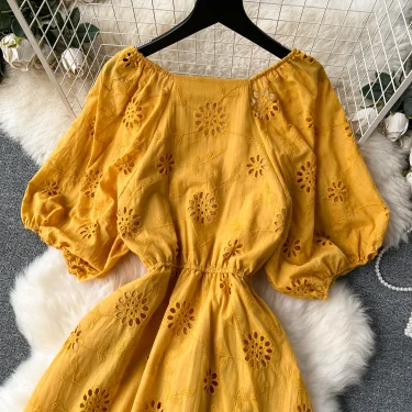 Retro Elegant Embroidery Hollow Out V Neck Chiffon Dress A-line Long Sleeve Casual High Waist Dress Women Summer Clothing 5