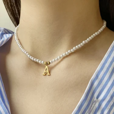 Stainless steel letters initial pendant necklace diy name Simulated pearls Bead Necklaces for Women Pearl Woman's Choker jewelry 2