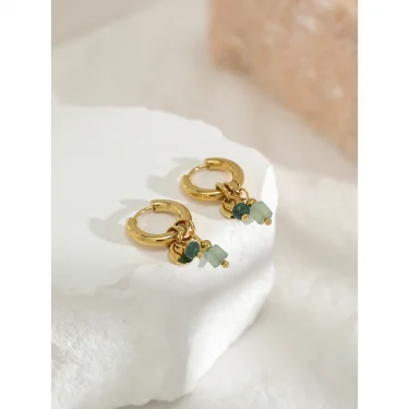 YACHAN 18K Gold Plated Stainless Steel Hoop Earrings for Women Vintage Green Natural Stone Charms Trendy Waterproof Jewelry 4