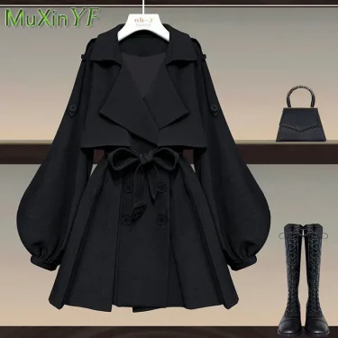 Women's 2023 Autumn/Winter New Fashion Waist Jacket Midi Skirt Two Piece Suit Korean Elegant Loose Coat Dress Matching Set 5