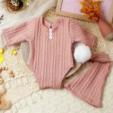 Ylsteed 2 Pieces Set Newborn Photo Shooting Clothes Knitting Baby Boy Jumpsuit with Pompom Hat Infant Photography Props 5