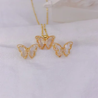 Fashion European and American Cute Micro-inlaid Butterfly Necklace Earrings Set Classic Light Luxury Transparent Stainless Steel 6