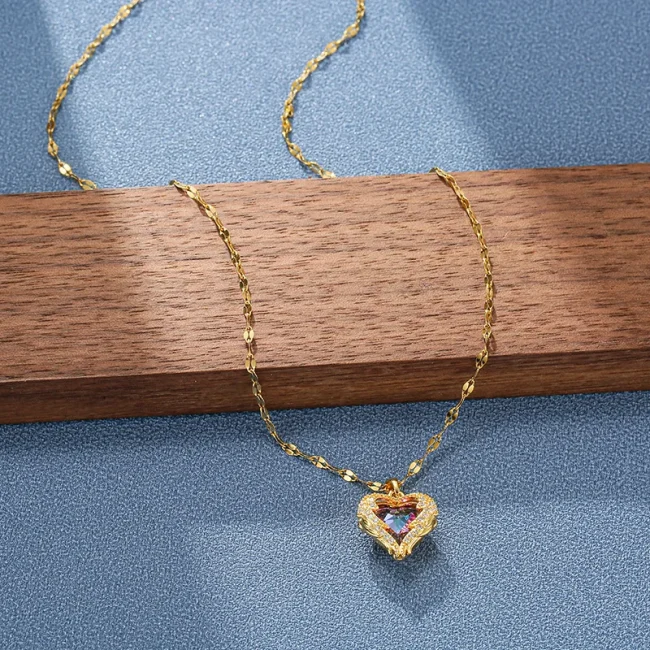 Top Luxury Colorful Crystal Ocean Heart Pendant Necklace For Women Trendy 316L Stainless Steel Jewelry Female Wedding Neck Chain 3