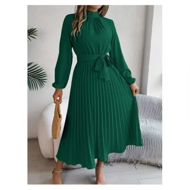 Autumn and winter elegant stand up collar long sleeved waist cinched pleated long skirt small dress women's solid color dress 6