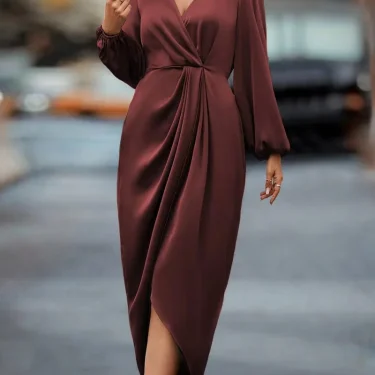2023 Autumn and Winter New European and American Fashion Solid Color Waist Slit V-Neck Long Sleeve Dress for Women long dresses 5