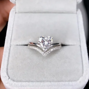 Delicate Silver Color White Zircon Stones Heart Rings for Women Fashion Bridal Engagement Wedding Ring Set Jewelry Gift 1