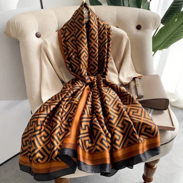 Coffee Color Large Silk Soft Scarf Women Stylish Print Long Shawl Handkerchief Summer Elegant Travel Wrap Hot 180x90cm 3