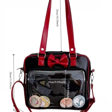 Japanese Style Kawaii PU Leather Itabag Women Transparent Pocket Bowknot Lolita Shoulder Bag Tote Handbags Women Ita Bag JK Girl 6