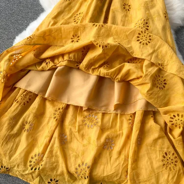 Retro Elegant Embroidery Hollow Out V Neck Chiffon Dress A-line Long Sleeve Casual High Waist Dress Women Summer Clothing 6