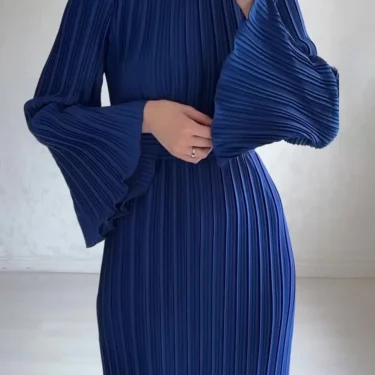 LANMREM Elegant Pleated Dress Women Round Neck Belt Gathered Waist Solid Color Long Dresses Party Spring New 32C330 6