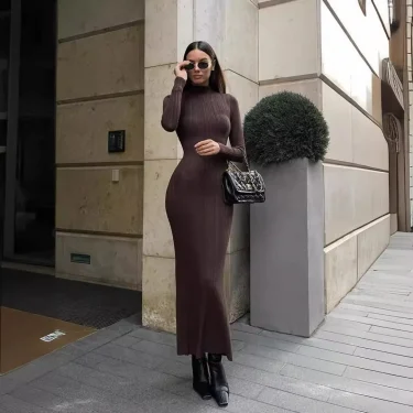 Women Elegant Long Sleeve Knitted Maxi Dress High Neck Bottoming Striped Sweater Slim Long Dress Bodycon Party Club Streetwear 3