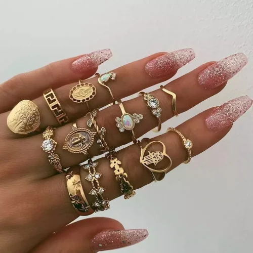 15Pcs Vintage Rings Set For Women Fashion Cross Floral Palm Pattern Crystal Geometric Rings Trendy Finger Jewelry Gifts New 1