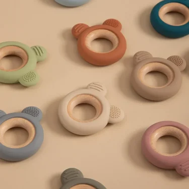 1PC Baby Silicone Wooden Teether Ring Cute Bear Infant Nursing Teething Toys Newborn Health Care Chewing Toy Baby Accessories 2