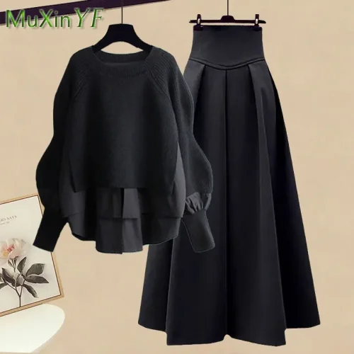 2023 Autumn/Winter New Korean Elegant Splice Fake Two Piece Knitted Sweater Dress Matching Set Women's Chic Pullover Skirt Set 1