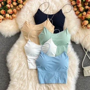 Women Crop Tops Sexy Solid Color Camisole Ice Silk Tube Top Seamless Sports Tank Top Wireless Underwear Padded Bra Bralette Vest 1