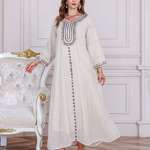 Siskakia Ramadan Dubai Embroidery Abaya Mesh Muslim Elegant Women Evening Dress V-Neck Fashion Clothes 1