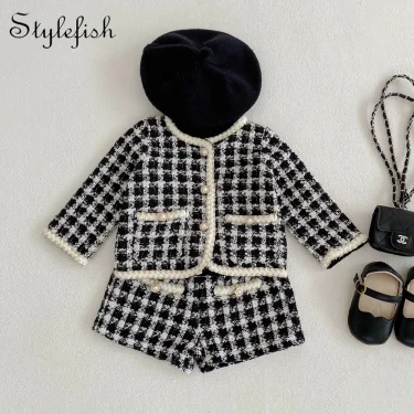 Two Piece Set For Spring And Autumn New Baby Boys And Girls' Tweed Black Plaid Long Sleeved Shirt With Open Coat And Short Pant 1