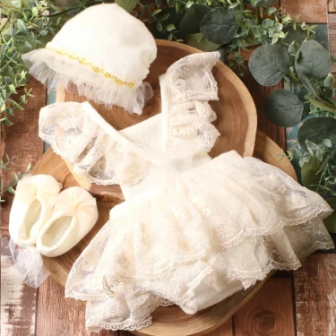 Ylsteed Newborn Girl Photography Outfits(Romper+Hat+Shoes) Baby Lace Romper with Match Hat and Mini Shoes Infant Posing Props 2