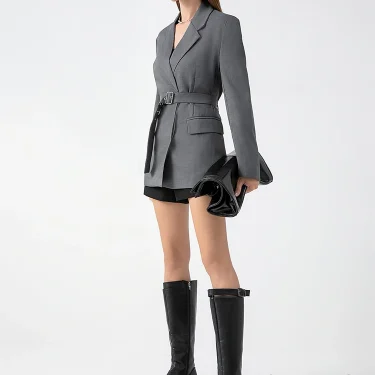 TRAFZA Casual Gray Belt Blazer Women V Neck Long Sleeve Sashes Pockets Oversized Jackets Fashion 2024 Autumn Streetwear Outwears 3