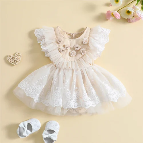 Summer Newborn Infant Baby Clothes Baby Girls Romper Fly Sleeve Crew Neck Flower Lace Tulle Patchwork A-line Dress 1