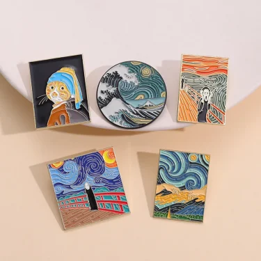 Fun Van Gogh Oil Painting Enamel Pins Custom Starry Night Scream No-face Man Wave Brooch Lapel Badge Art Jewelry 4
