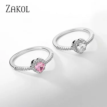 ZAKOL Romantic Pink Heart CZ Engagement Rings for Women Fashion AAA Cubic Zirconia Wedding Bands Jewelry Valentine's Day Gift 3