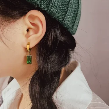 316L Stainless Steel Vintage Green Zircon Square Shape Pendant Charms Chain Necklaces Earrings Fashion High Jewelry Party Gifts 5