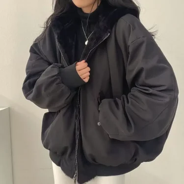 Korean Version Thickened Reversible Wear Lamb Wool Padded Jacket,Autumn and Winter Solid Color Zip-up Hooded Padded Jacket Women 3