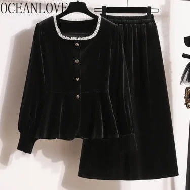 OCEANLOVE Velvet Shirts&blouses Women Tops Autumn Winter Korean Fashion Blusas Mujer Vintage Elegant Ruffles Sweet Camisas 1