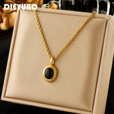 DIEYURO 316L Stainless Steel Oval Black White Stone Pendant Necklace For Women Girl New Trend Clavicle Chain Jewelry Gift Party 1