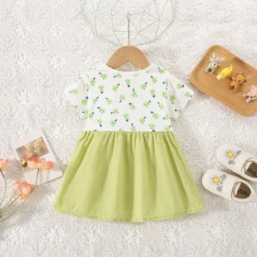 (0-3 Years Old) Summer Baby Girl Cotton Flower Fake Two-Piece Shoulder Strap Dress Girl Cute Short Sleeved Dress 5