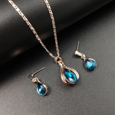 Fashion European and American Blue Zhihai Creative Geometric Wedding Earrings Necklace Set Women's Blue Green Water Drop Set 4