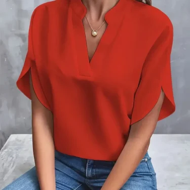 Summer Elegant Women's Blouse New V-neck Short Sleeve Solid Color Loose Shirt Casual White Tops Office Lady Blouses 3