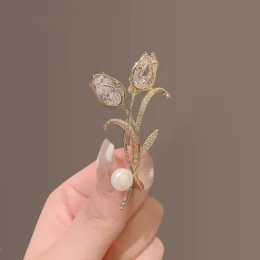 Luxury Zircon Tulip Flower Pearl Brooches For Women Fashion Crystal Floral Leaf Lapel Pins Banquet Patry Clothes Corsage Jewelry 2