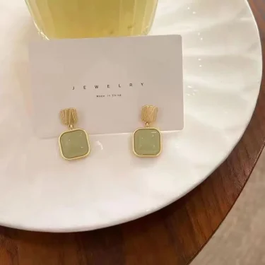Exaggerated Imitation Jade Green Stone Square Drop Earrings For Women Jewelry Brincos Boho Gift 5