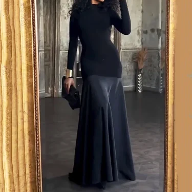 Ellafads Maxi Dress Autumn Women Casual Elegant Solid Long Sleeve Round Neck Nipped Waist Patchwork Evening Party Dresses 1
