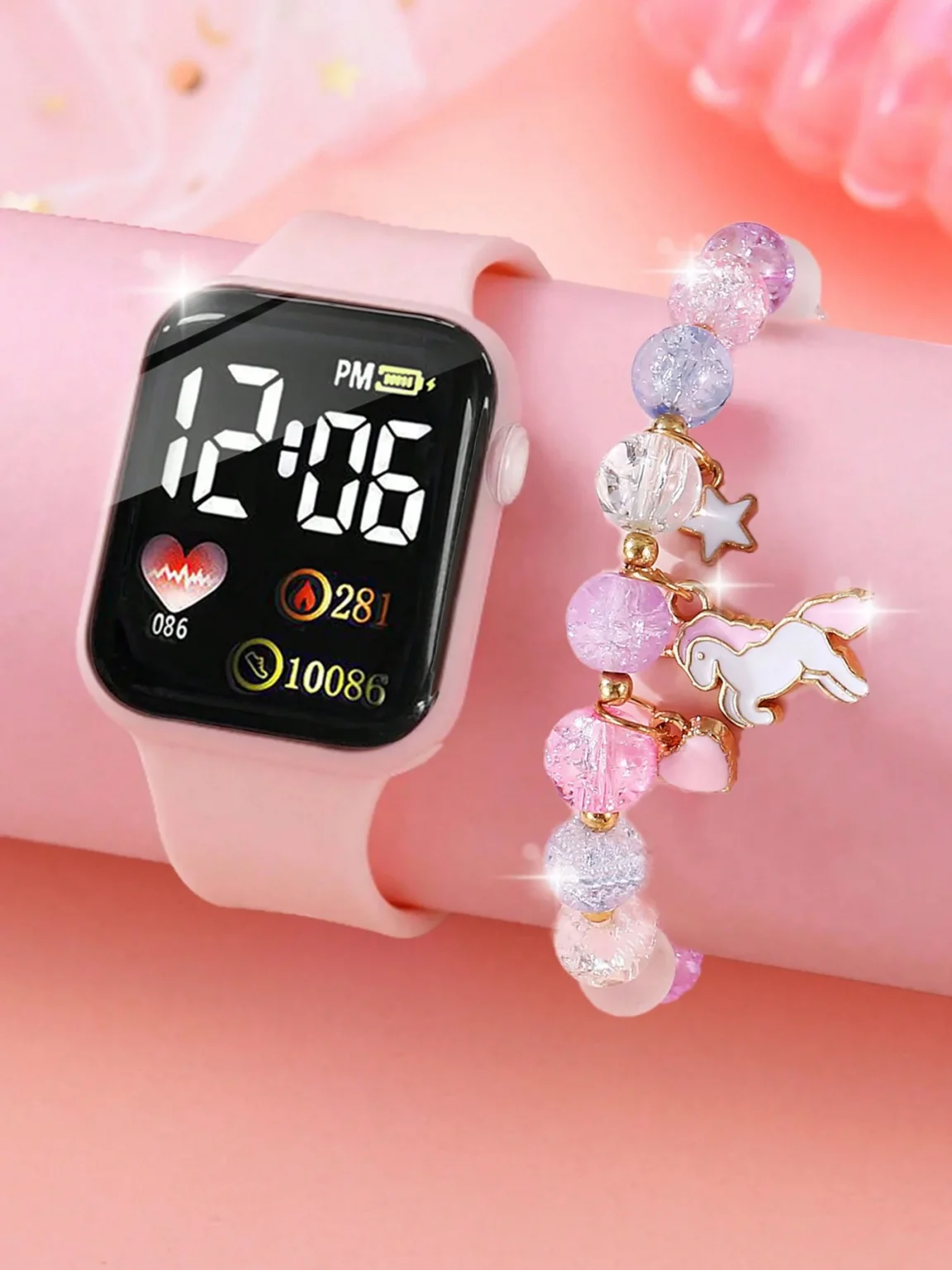 Leisure sports pink silicone rectangular women's electronic watch gift watch set for friends 1