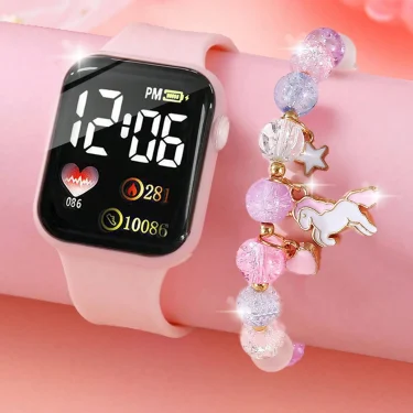 Leisure sports pink silicone rectangular women's electronic watch gift watch set for friends 1