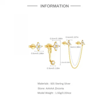 Aide 925 Sterling Silver 3pcs Set Two Stud Tassel K Gold Chain Flower Zircon Earrings For Women Fine Jewelry Valentine Day Gift 6