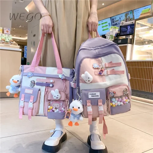 New Campus Backpack Zipper Schoolbags Handbags Set Pink Girl Large-capacity Middle School Student School Bag 1